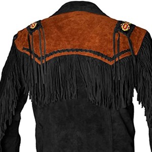 <b>Men's</b> Black <b>Suede</b> Leather <b>Jacket</b> With Orange Back Panel Fringe Embroidery Casual Autumn Wear Custom Wholesale Wholesale - Product Image 1