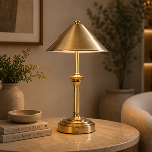 Lámpara de Mesa Metálica de Lujo Hourglass con Base Geométrica de Hierro Dorado Cepillado, Pantalla Rectangular de Tela Premium, Iluminación Ambiental Cálida - Product Image 6