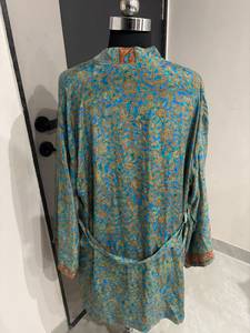 Blue Color Floral Print Kimono V Neck Long Sleeves Belted Wrap Knee Length Bohemian <b>Cardigan</b> Summer Women's Comfortable Wear - Product Image 4