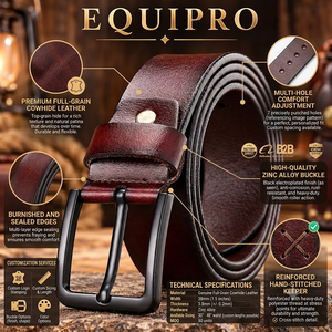 Ceinture en cuir de vachette véritable marron pour homme Equipro, style vintage rayé, boucle à ardillon rectangulaire noire, longueur personnalisable, prête à offrir - Product Image 4