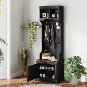 Mobile ingresso 3-in-1 in finto legno nero con appendiabiti a 5 ganci, panca e scarpiera - Product Image 2