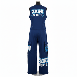 Ensemble pantalon cargo sans manches pour femme, 280 GSM, coton polyester polaire premium, bleu marine, avec empiècement à lacets et logo imprimé, ensembles pour femme - Product Image 2