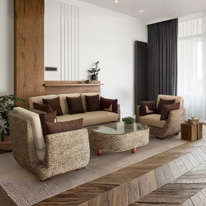 Conjunto de Sofá Moderno de Ratán con Respaldo Acolchado y Patas de Madera para Sala de Estar - Product Image 1