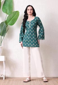 <b>Women's</b> Floral Printed Cotton Short <b>Kurta</b> | Floral Printed <b>Kurta</b> with Bell Sleeves | Short Kurti for <b>Women</b> - Product Image 4