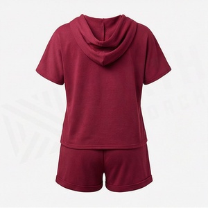 Conjunto de 2 Piezas para Mujer, Top con Capucha de Manga Corta y Pantalones Cortos por Encima de la Rodilla, Color Sólido, Estilo Casual, Holgado, Tejido de Algodón, para Primavera - Product Image 2