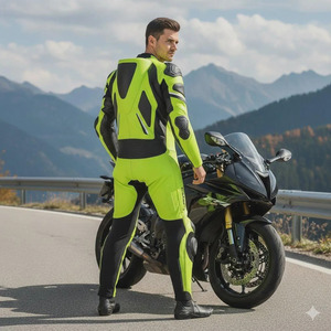 Combinaison de moto en cuir unisexe à manches longues, vert néon, coupe-vent, respirante, anti-UV, pour toutes les saisons, vêtements de course - Product Image 2