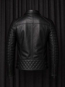 <b>Men's</b> Black Genuine <b>Leather</b> <b>Jacket</b> Turn-down Collar Zipper Closure Regular Sleeve - Product Image 5