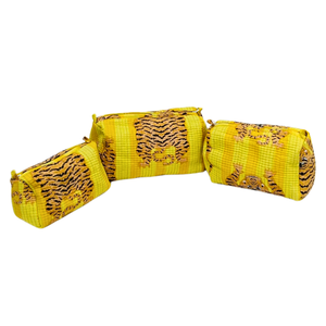Sac cosmétique durable à rayures de tigre imprimé en blocs-Pochette en coton jaune - Product Image 2