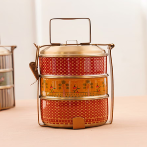 Cream brass tiffin <b>box</b>, 3 tier elegant flower food carrier, antique botanical metal lunch <b>box</b>, available at wholesale prices. - Product Image 2