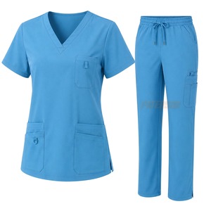 Ensemble de blouses médicales personnalisées en mélange de coton, haut à col en V, pantalon à taille élastique, uniforme de soins de santé, fournisseur en gros de marques privées - Product Image 1