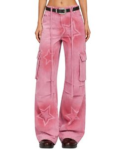Customized Pink Star Print Wide Leg Cargo Pants Women High Waist Streetwear Denim Trousers With Side Pockets Fashion Casual Wear - Product Image 1