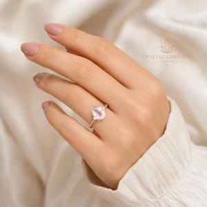 Natural Rose Quartz Rhodium Plated Sterling <b>Silver</b> <b>Ring</b> Pear Cut Pink Gemstone Engagement <b>Dainty</b> Three Stone Promise <b>Ring</b> Unisex - Product Image 6