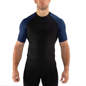 <b>Mens</b> Short Sleeve Rash Guard Black Color Block Quick Dry Compression <b>Shirt</b> Sports Fitness <b>Swimming</b> Surfing Cycling Athletic Top - Product Image 1
