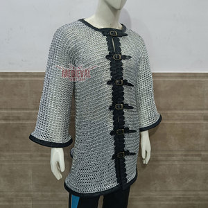 Camisa de malla metálica hecha a mano con ribete de cuero, acero dulce, anillos planos remachados, manga completa, armadura de caballero, recreación histórica - Product Image 5
