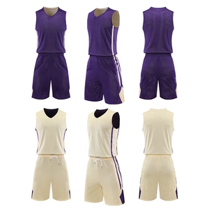 Conjunto de Uniforme de Baloncesto Sublimado Personalizado, Cuello en V, Sin Mangas, Malla, Color Morado y Crema, Bloques de Color, Absorbe la Humedad, Unisex para Adultos - Product Image 1