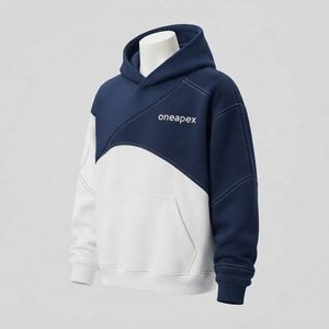 <b>Mens</b> <b>Navy</b> Blue White Diagonal Color Block Hoodie <b>Fleece</b> Sweatshirt Custom Logo Streetwear Pullover Casual Winter Hooded Top - Product Image 1