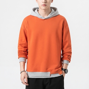 Men's <b>Orange</b> Layered Fleece Oversized Hooded Sweatshirt Two-Tone Pullover <b>Hoodie</b> Pocket Ribbed Cuffs Casual Streetwear Style - Product Image 1
