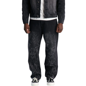 Pantalones Vaqueros Negros para Hombre, Diseño de Calavera en Llamas, Corte Recto, Estilo Vintage Lavado, Ropa Casual Urbana, Pantalones Personalizados de Moda para Hombre - Product Image 1