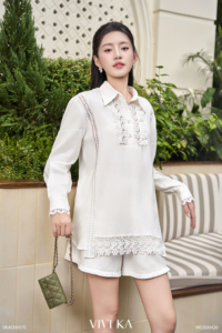 Women's <b>Linen</b> Ivory Lace Patchwork Long Sleeve Blouse Vintage Collared Loose Fit Shirt Elegant Floral Crochet <b>Top</b> KEIRA - Product Image 3
