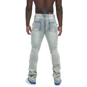 Jean slim déchiré et délavé bleu clair pour homme, taille mi-haute, respirant, style vintage, streetwear décontracté, vente en gros - Product Image 2