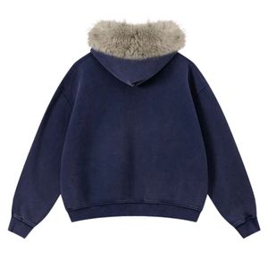 <b>Men</b> <b>Navy</b> Blue Zip Up Hoodie with Fur Collar Raglan Sleeve <b>Fleece</b> Sweatshirt Long Sleeve Warm Winter Streetwear - Product Image 6