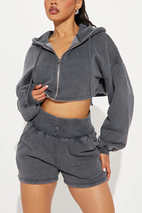 Women's Acid Wash <b>Distress</b> Crop <b>top</b> Hoodie Shorts Set Full Sleeve Zipper Gray Color Casual Tracksuit set summer set - Product Image 3