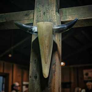 Decoración de Pared de Cuerno de Toro Natural Premium con Base de Madera, Hecha a Mano, Ecológica y Moderna, de 22 Pulgadas de Ancho - Product Image 1