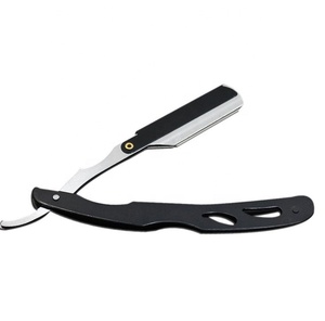 มีดโกนตรงสำหรับผู้ชายพับได้ใบมีดสแตนเลสสีดำและที่จับโลหะสำหรับร้านตัดผม - Product Image 5