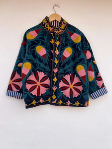 Velvet Suzani <b>Jacket</b> Hand Embroidered Boho Vintage Short Coat Free Size Ethnic Wear Multicolor Embroidery Artisan Wholesale - Product Image 1