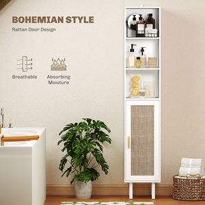 Mobiletto da Bagno Bianco Autoportante Alto con Ripiani Regolabili e Ante in Rattan, Arredo Bagno - Product Image 4
