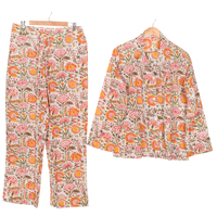 Ensemble de pyjama d'été en coton tissé imprimé, motif floral, écoresponsable, manches longues, col rabattu, taille à cordon, tenue de nuit complète