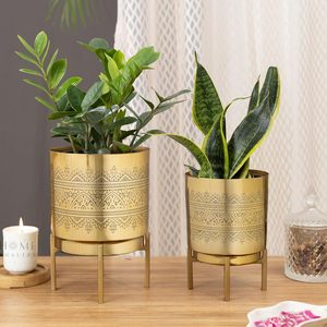 Modern Bohemian Metal Flower Pots With Hand Carved Pattern Indoor Desktop Planters For Green <b>Plants</b> Gold Finish - Product Image 5