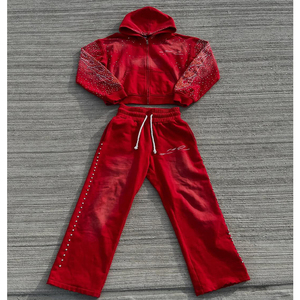 Ensemble de survêtement vintage personnalisé pour homme, deux pièces, avec strass, imprimé effet vieilli, coupe jogger, délavé à l'acide, évasé, style streetwear - Product Image 6