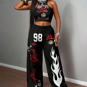 Ensemble deux pièces streetwear unisexe personnalisé pour l'hiver : haut à col montant de longueur standard et pantalon de jogging à jambe large avec motif graphique imprimé flamme - Product Image 1