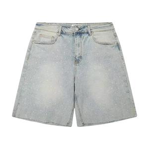 Hip Hop Diamonds Jort Baggy Manufacturer Distressed Vintage Acid Wash Rhinestone Men's Denim Shorts - Product Image 3