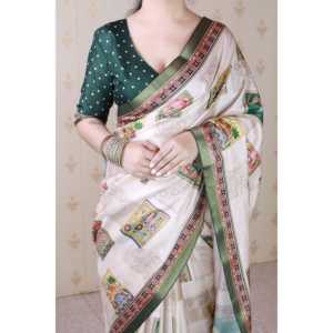 Sari en soie Tussar verte Elite Weaves avec imprimé Kalamkari audacieux et bordure tissée Zari – Vêtements indiens et pakistanais - Product Image 2