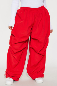 Pantalones Harem Rojos, Cintura Elástica, Corte Holgado, Satén 100% Poliéster, Estilo Hip Hop, Color Sólido, Puños con Cordón - Product Image 4