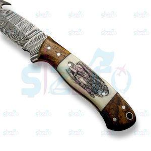 OEM Damascus Steel Hunting <b>Knife</b> Skinner, Engraved <b>Handle</b> Gut Hook Fixed Blade Camping Outdoor EDC <b>Knife</b> with Leather Sheath - Product Image 2