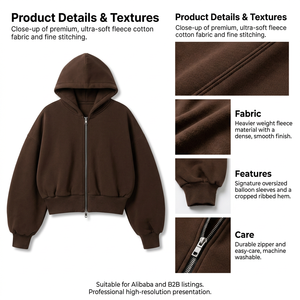 <b>Mens</b> Hooded <b>Zip</b> Jacket Brown Oversized Fit Ribbed Hem Casual Street Style <b>Top</b> Custom Label US Wholesale B2B Bulk Supply Source - Product Image 4