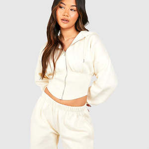 Conjunto de Dos Piezas para Mujer, Sudadera con Cremallera y Pantalones Anchos, Color Beige Claro, Felpa, Estilo Casual, Corte Regular - Product Image 3