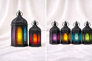 Farol marroquí de metal negro y vidrio de colores - Product Image 2