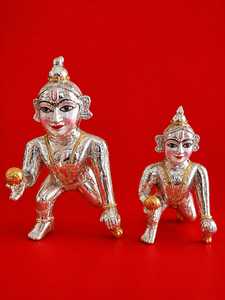 ชุดรูปปั้นพระกฤษณะแบบดั้งเดิมทำมือสีเงิน งานฝีมือประณีต สำหรับตั้งโต๊ะบูชาในบ้าน งานแต่งงาน หรือเทศกาลดิวาลี - Product Image 1