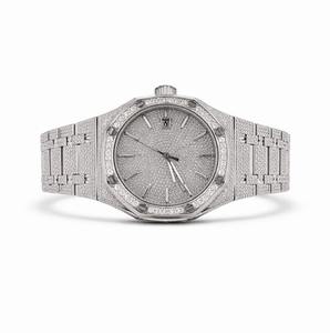 Montre automatique de luxe pour hommes et femmes, plaquée or blanc, entièrement sertie de moissanite, clarté VVS, cadran à barres, faite à la main, 2026 - Product Image 1