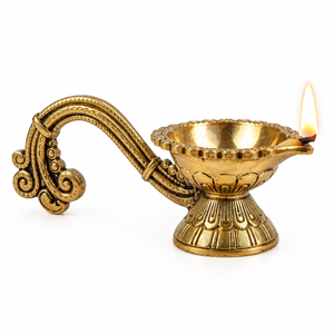 <b>Antique</b> Brass Handled Diya Oil <b>Lamp</b> Decorative Pooja Deepak Traditional Indian Home Temple Diwali Festive Gift - Product Image 1