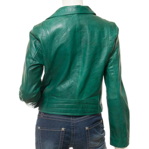 Women Genuine Leather Moto Jacket Green Full Sleeve <b>Stand</b> Collar Zipper Closure Autumn Style - Product Image 2