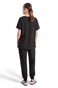 Ensemble de blouses médicales noires pour femmes, haut à col en V avec poches et pantalon de jogging, uniformes d'hôpital, tissu polyester tissé - Product Image 4