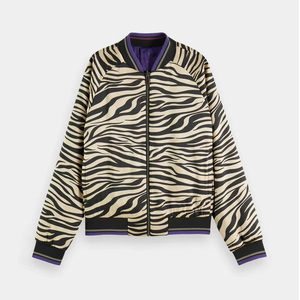 Women's Zebra Print Bomber <b>Jacket</b> Full Sleeve Stand Collar Zipper Closure Autumn Wear Regular Length Polyester Fabric - Product Image 3