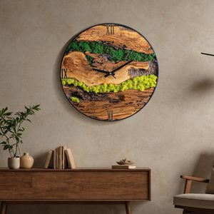 Wooden Wall <b>Clock</b> with Preserved Moss Large Round Handmade Wood <b>Clock</b> Farmhouse Decor Natural Wood Grain Modern Wall Art - Product Image 5
