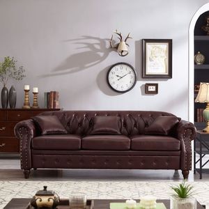 Divano Chesterfield Classico Bordeaux da 220 cm in Ecopelle PU Imbottito per Soggiorno con Contenitore e Design Trapuntato - Product Image 1