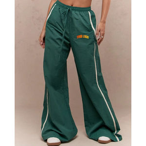 Women Green Wide Leg Track Pants With Side Stripes Drawstring <b>Waist</b> Loose Fit Casual Full Length Sportwear - Product Image 1